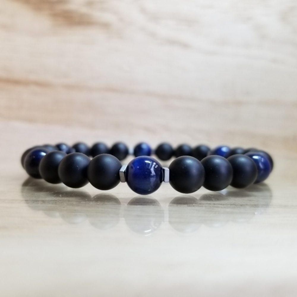 Blue Tiger Eye & Onyx Gemstone Stretch Bra…